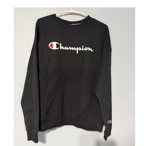 Champion Crewneck Men's L Sweatshirt Black Script Logo Pullover Athleisure 0940